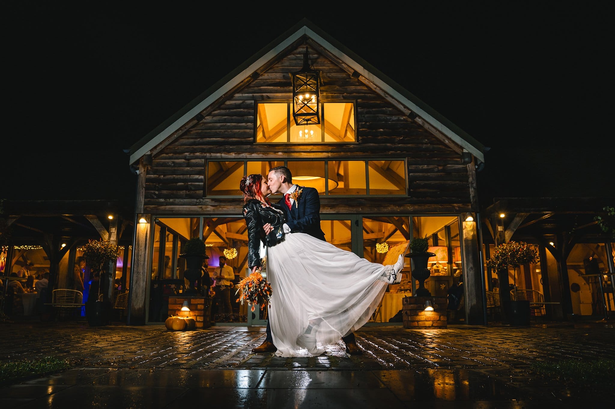 Wedding photography of bride and groom at night at Brinsop Court Manor